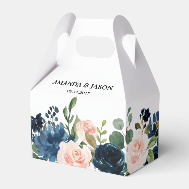 Navy Blue Blush Pink Rose Boho Wedding Favor Boxes (Front Side)