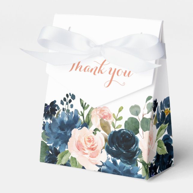 Navy Blue Blush Pink Rose Boho Wedding Favor Boxes (Front Side)