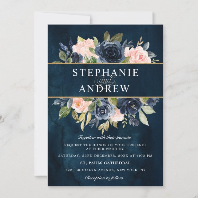 Navy Blue Blush Pink Rose Boho Wedding Invitation (Front)