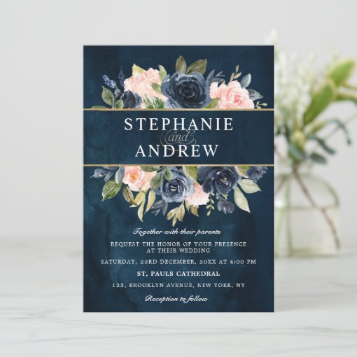 Navy Blue Blush Pink Rose Boho Wedding Invitation Zazzle