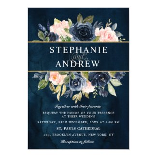 Navy Blue Blush Pink Rose Boho Wedding Invitation