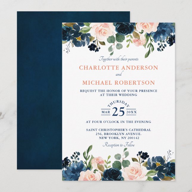 Navy Blue Blush Pink Rose Boho Wedding Invitation (Front/Back)