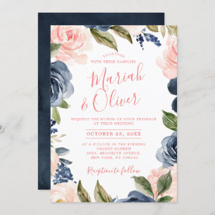 Navy Blue Blush Pink Rose Boho Wedding Invitation
