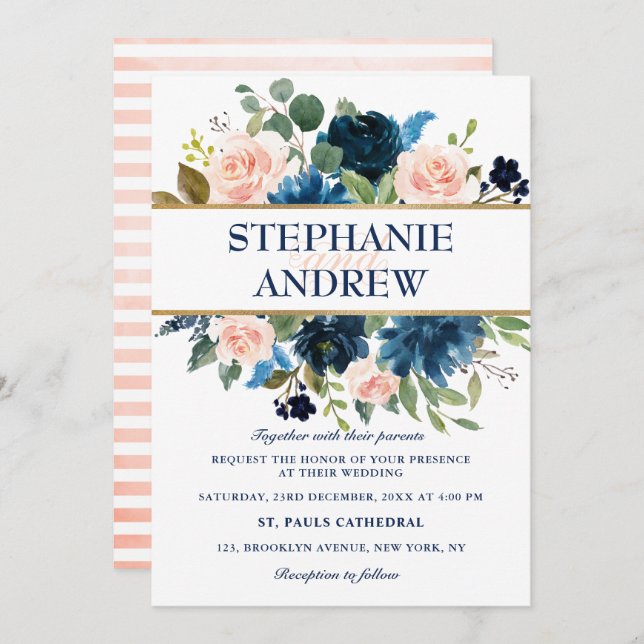 Navy Blue Blush Pink Rose Boho Wedding Invitation (Front/Back)