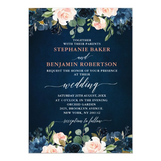 Navy Blue Blush Pink Rose Boho Wedding Invitation | Zazzle.com