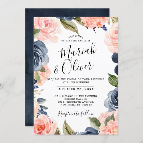 Navy Blue Blush Pink Rose Boho Wedding Invitation