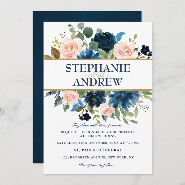 Navy Blue Blush Pink Rose Boho Wedding Invitation (Front/Back)