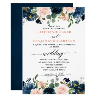 Navy Blue Blush Pink Rose Boho Wedding Invitation