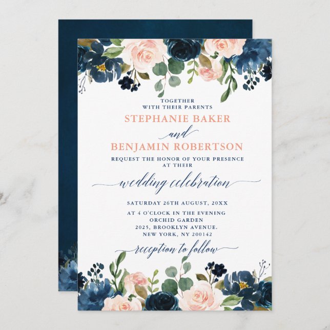 Navy Blue Blush Pink Rose Boho Wedding Invitation (Front/Back)