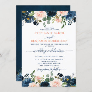 Navy Blue Blush Pink Rose Boho Wedding Invitation