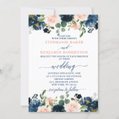 Navy Blue Blush Pink Rose Boho Wedding Invitation (Front)