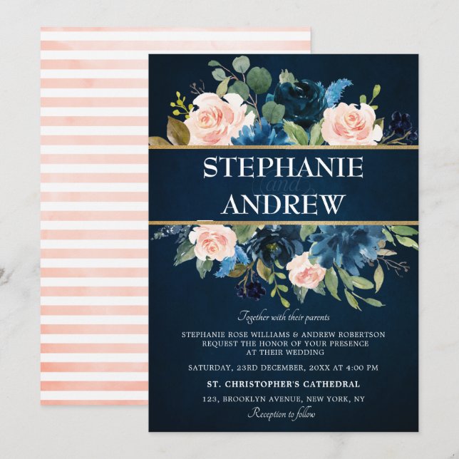 Navy Blue Blush Pink Rose Boho Wedding Invitation (Front/Back)