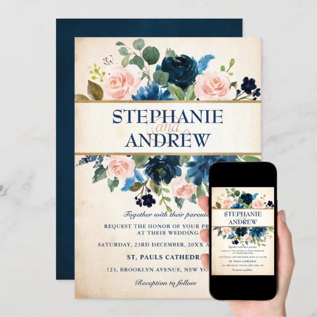 Navy Blue Blush Pink Rose Boho Wedding Invitation Zazzle