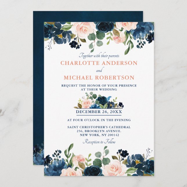 Navy Blue Blush Pink Rose Boho Wedding Invitation (Front/Back)