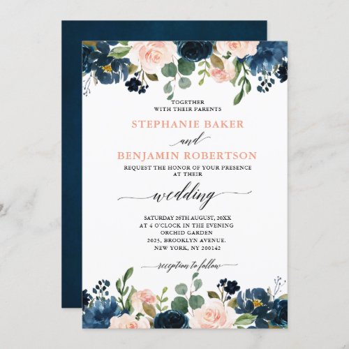 Navy Blue Blush Pink Rose Boho Wedding Invitation