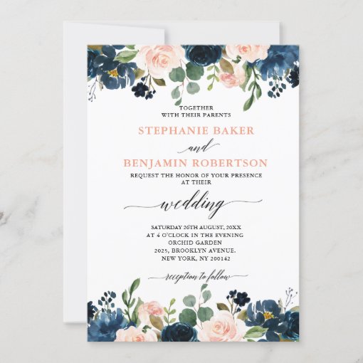 Navy Blue Blush Pink Rose Boho Wedding Invitation Zazzle