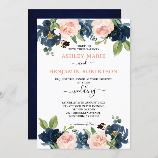 Navy Blue Blush Pink Rose Boho Wedding Invitation | Zazzle