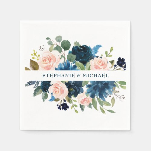 Navy Blue Blush Pink Rose Boho Wedding Napkins