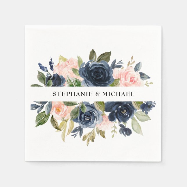 Navy Blue Blush Pink Rose Boho Wedding Napkins (Front)