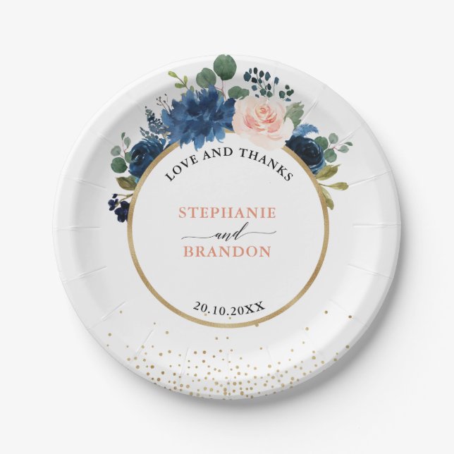Navy Blue Blush Pink Rose Boho Wedding Paper Plates (Front)