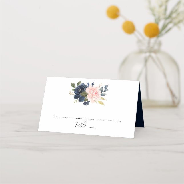 Navy Blue Blush Pink Rose Boho Wedding Place Card (Front)
