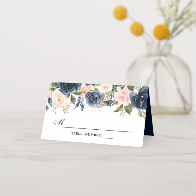Navy Blue Blush Pink Rose Boho Wedding Place Card (Front)