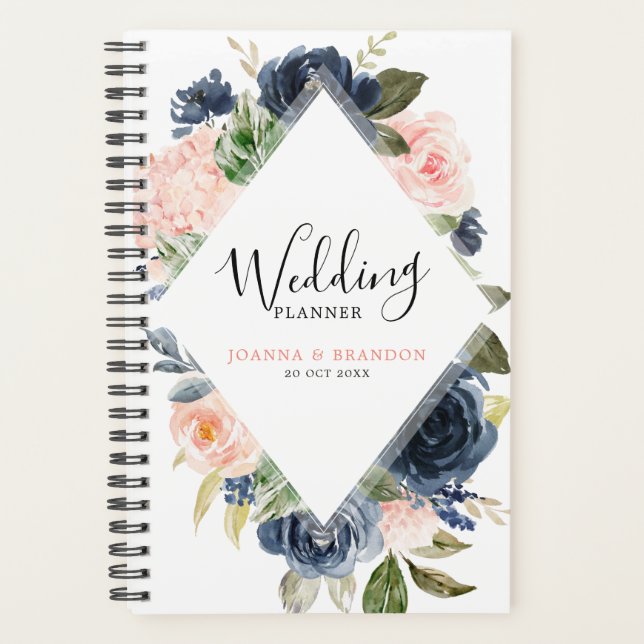 Navy Blue Blush Pink Rose Boho Wedding Planner (Front)