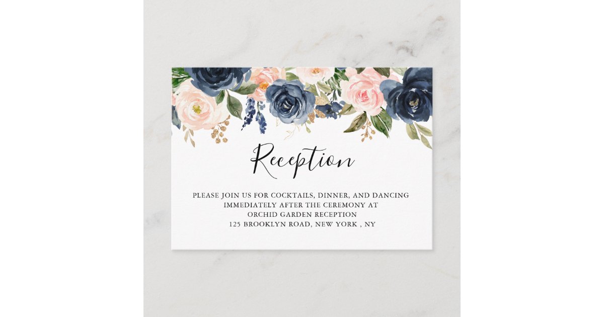 Navy Blue Blush Pink Rose Boho Wedding Reception Enclosure Card | Zazzle