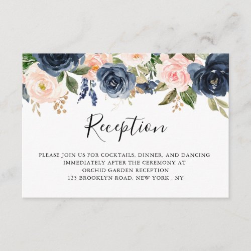 Navy Blue Blush Pink Rose Boho Wedding Reception Enclosure Card