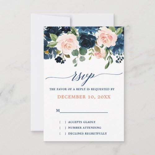 Navy Blue Blush Pink Rose Boho Wedding RSVP