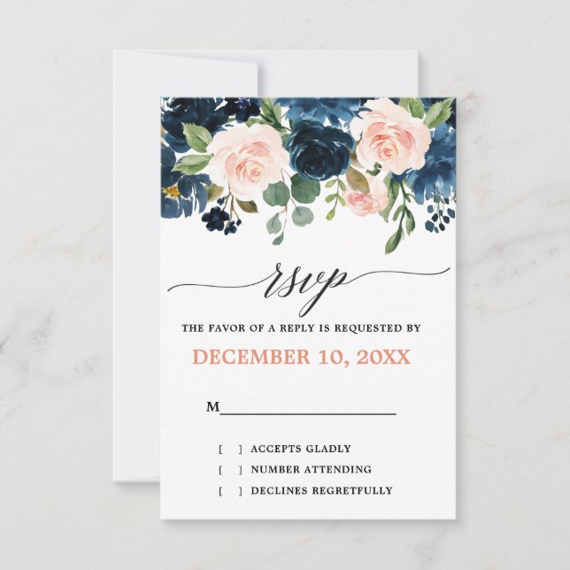 Navy Blue Blush Pink Rose Boho Wedding RSVP (Front)
