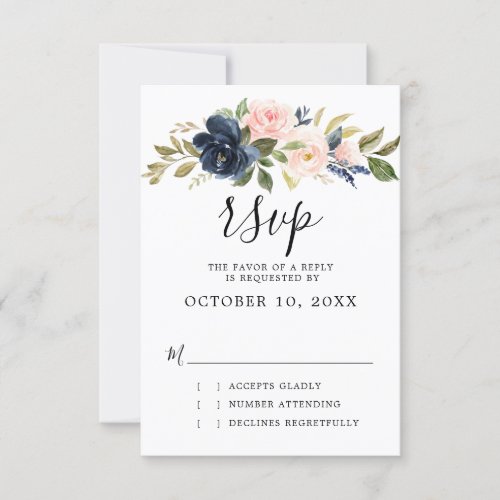 Navy Blue Blush Pink Rose Boho Wedding RSVP