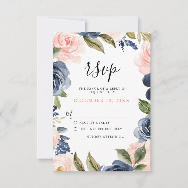 Navy Blue Blush Pink Rose Boho Wedding RSVP Card (Front)