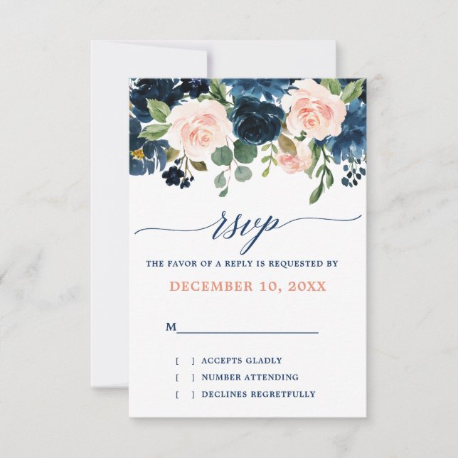 Navy Blue Blush Pink Rose Boho Wedding RSVP Card (Front)