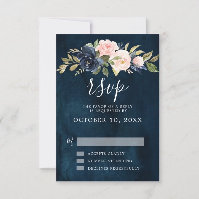 Navy Blue Blush Pink Rose Boho Wedding RSVP Card (Front)