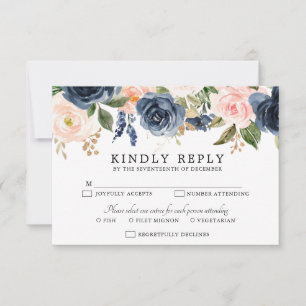 Navy Blue Blush Pink Rose Boho Wedding RSVP Card