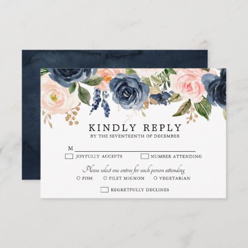 Navy Blue Blush Pink Rose Boho Wedding Rsvp Card Zazzle