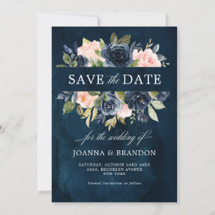Navy Blue Blush Pink Rose Boho Wedding Save The Date