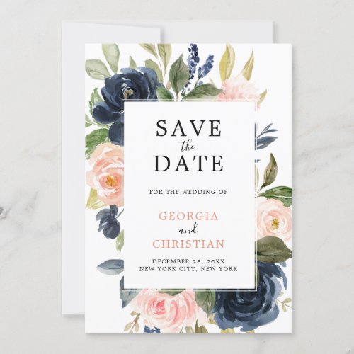 Navy Blue Blush Pink Rose Boho Wedding Save The Date