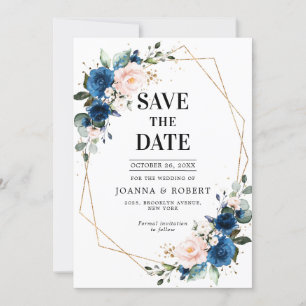 Navy Blue Blush Pink Rose Boho Wedding Save The Date