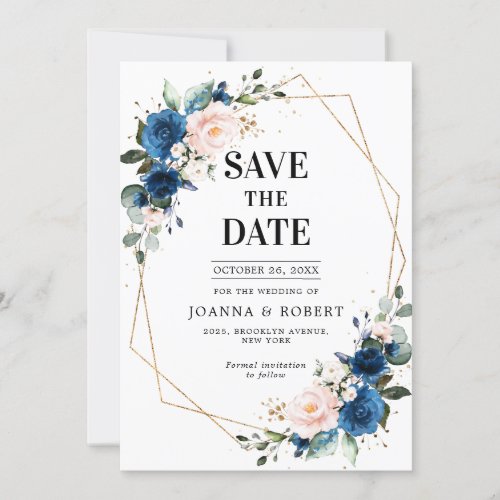 Navy Blue Blush Pink Rose Boho Wedding Save The Date