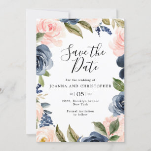 Navy Blue Blush Pink Rose Boho Wedding Save The Date