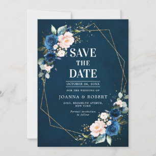 Navy Blue Blush Pink Rose Boho Wedding Save The Date