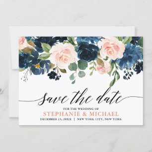 Navy Blue Blush Pink Rose Boho Wedding Save The Date