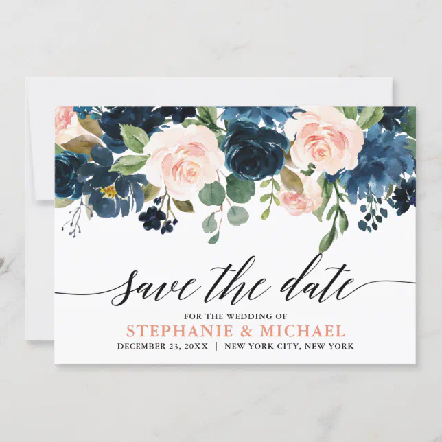 Navy Blue Blush Pink Rose Boho Wedding Save The Date Zazzle