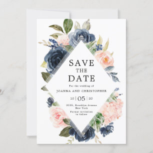 Navy Blue Blush Pink Rose Boho Wedding Save The Date