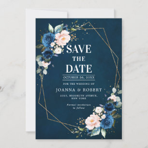 Navy Blue Blush Pink Rose Boho Wedding Save The Date