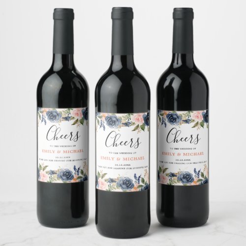 Navy Blue Blush Pink Rose Boho Wedding Wine Label