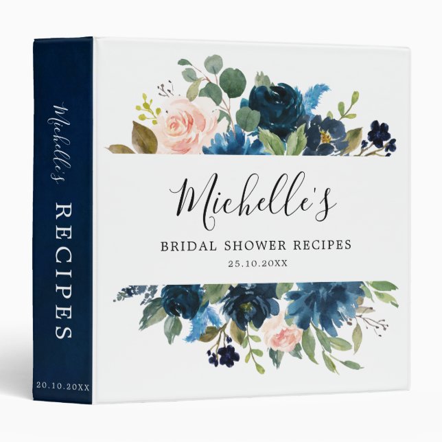Navy Blue Blush Pink Rose Botanical Bridal Shower 3 Ring Binder (Front/Spine)