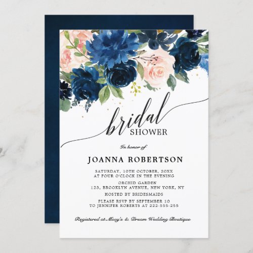 Navy Blue Blush Pink Rose Botanical Bridal Shower Invitation